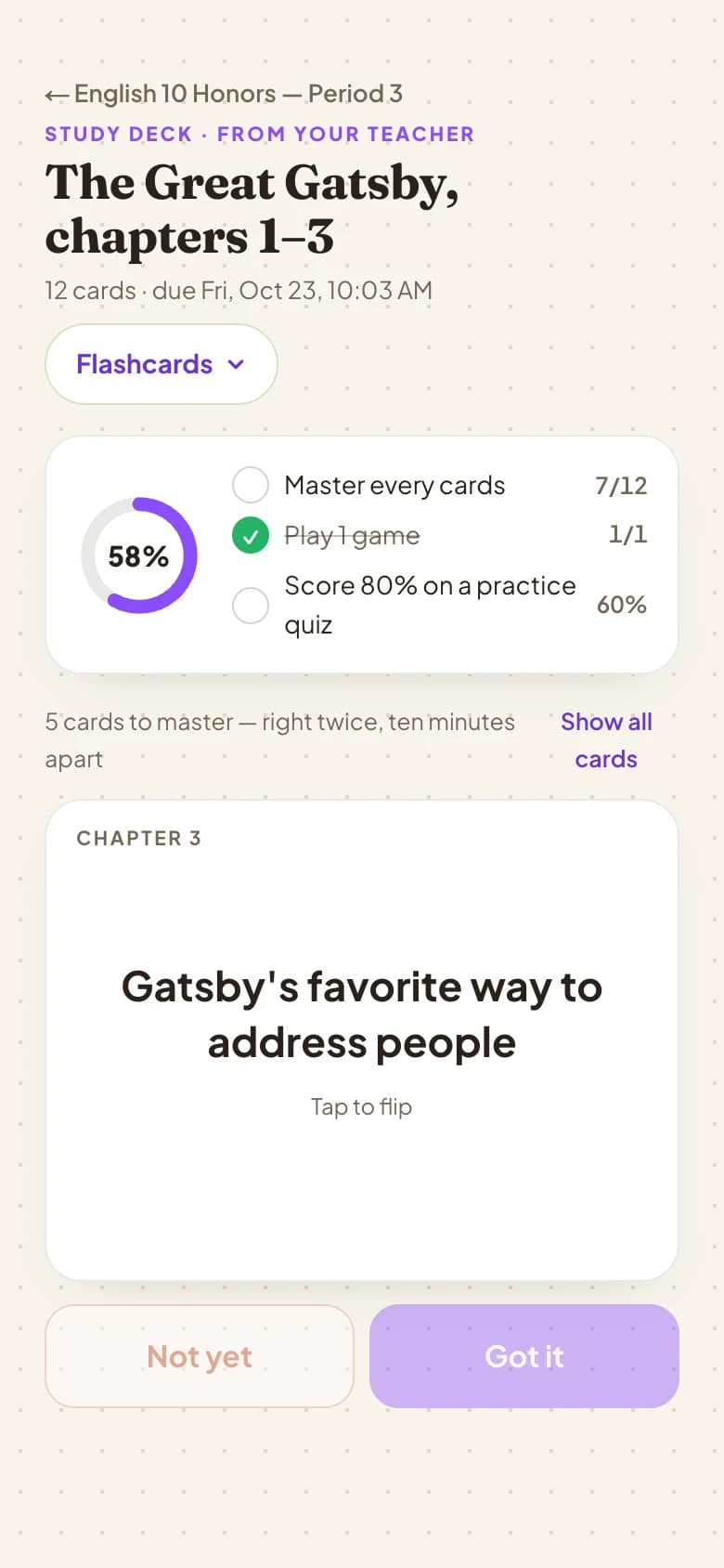 A study deck from the teacher on a phone