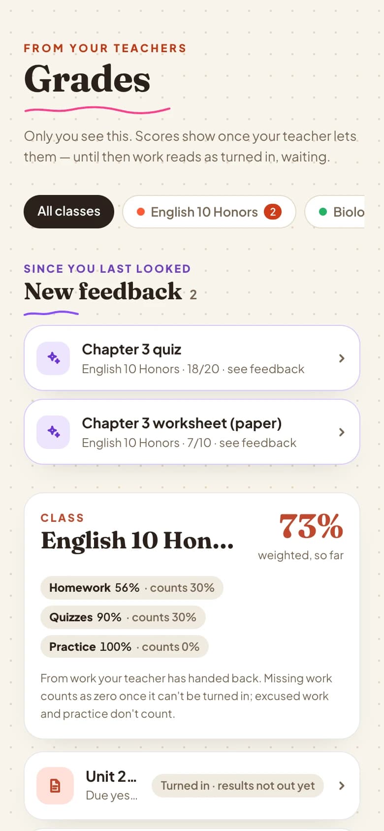 Grades and feedback on a phone