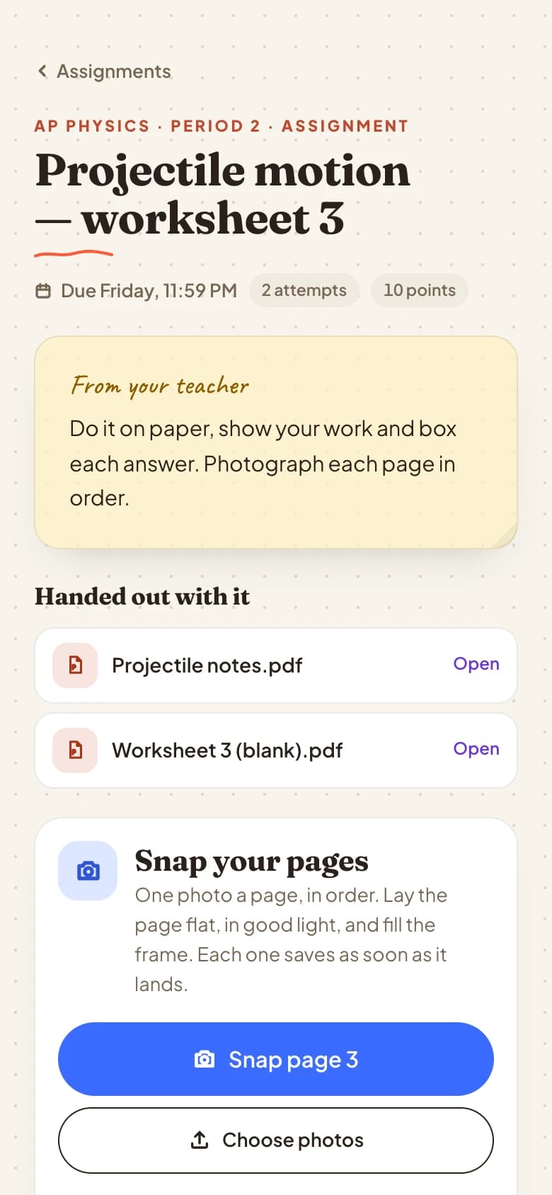 Handing in homework by photo on a phone