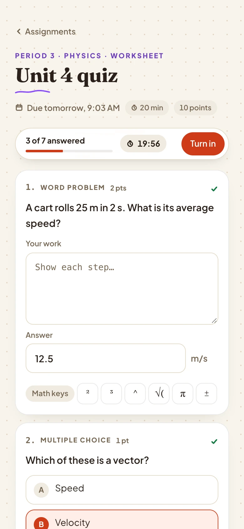 A timed quiz in Cram on a phone