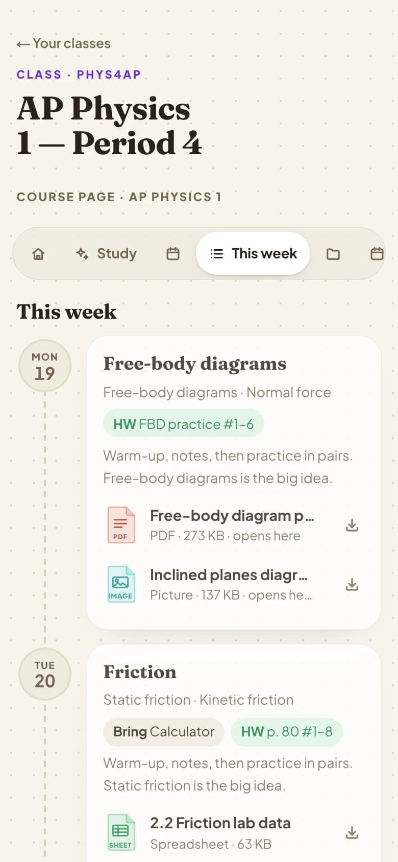 A student's week for their class on a phone